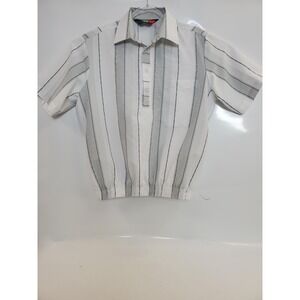 D'Accord Polo Shirt Mens Medium White Gray Vertical Stripe Banded Hem Made USA